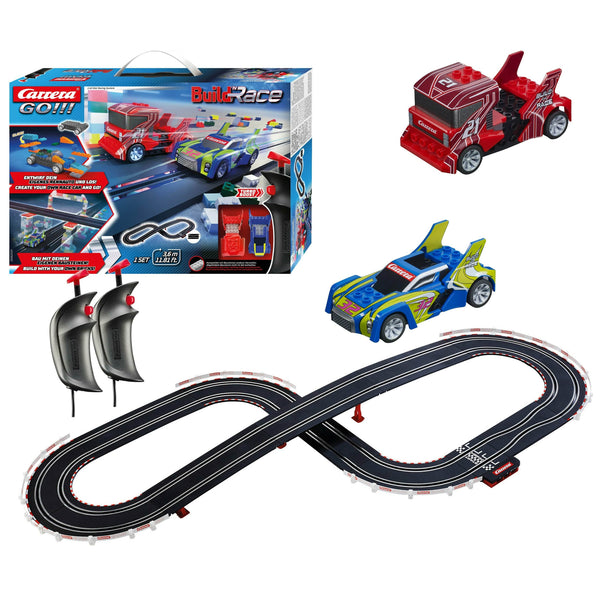 Carrera GO!!! Build 'N Race 62529 Racing Set 3.6 Electric Powered Slot Car  Racing Kids Toy Blocks Race Track Set Includes 2 Hand Controllers and 2