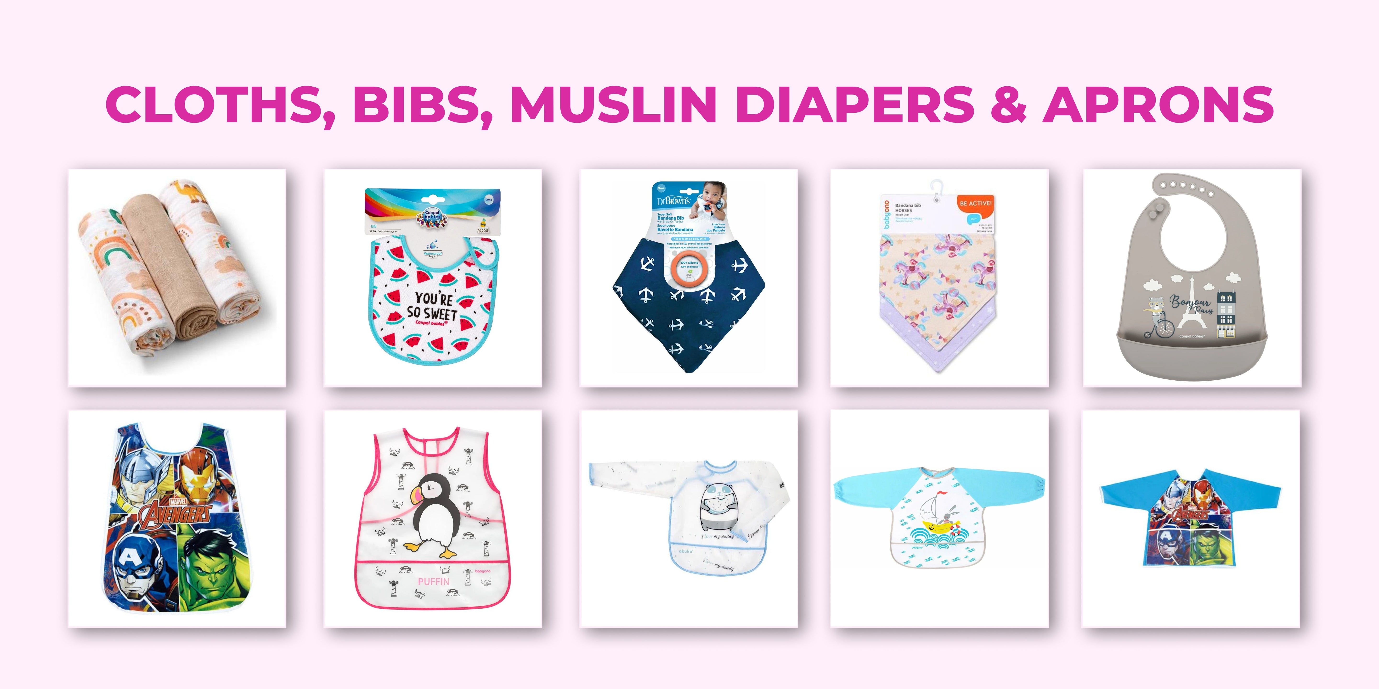 Cloths, bibs, muslin diapers and aprons