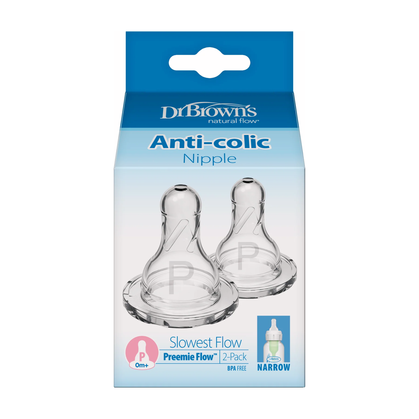 Dr. Brown's Narrow-Neck Preemie Natural Flow Teats 0M+, 2 Pack