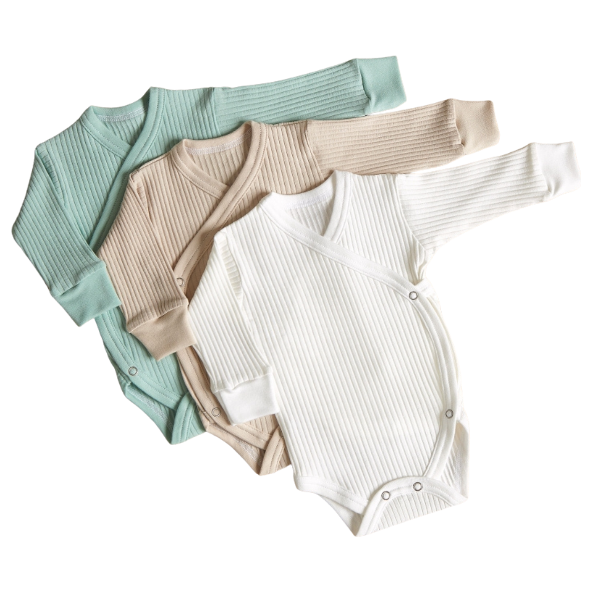 Lilly Bean Premature Side Snap Long Sleeve Ribbed Bodysuit - Neutral With Mint 3-pack