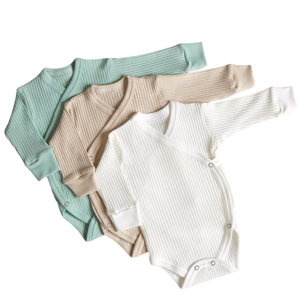 Lilly Bean Premature Side Snap Long Sleeve Ribbed Bodysuit - Neutral With Mint 3-pack