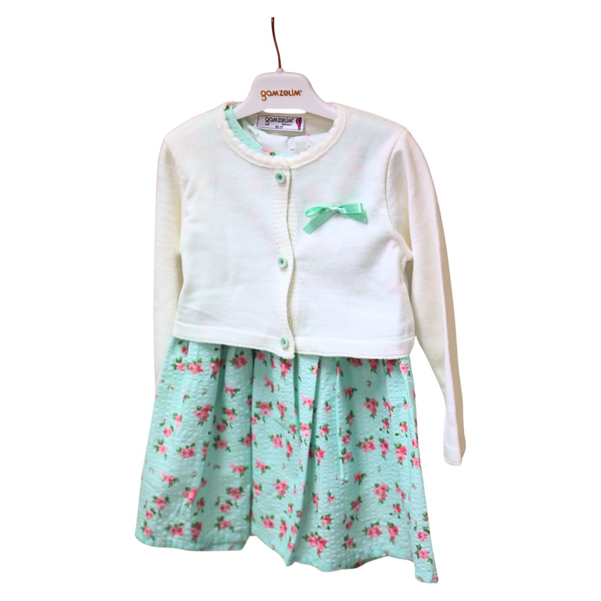 Gamzelim Girls Dress With Cardigan - Mint With Pink Flowers