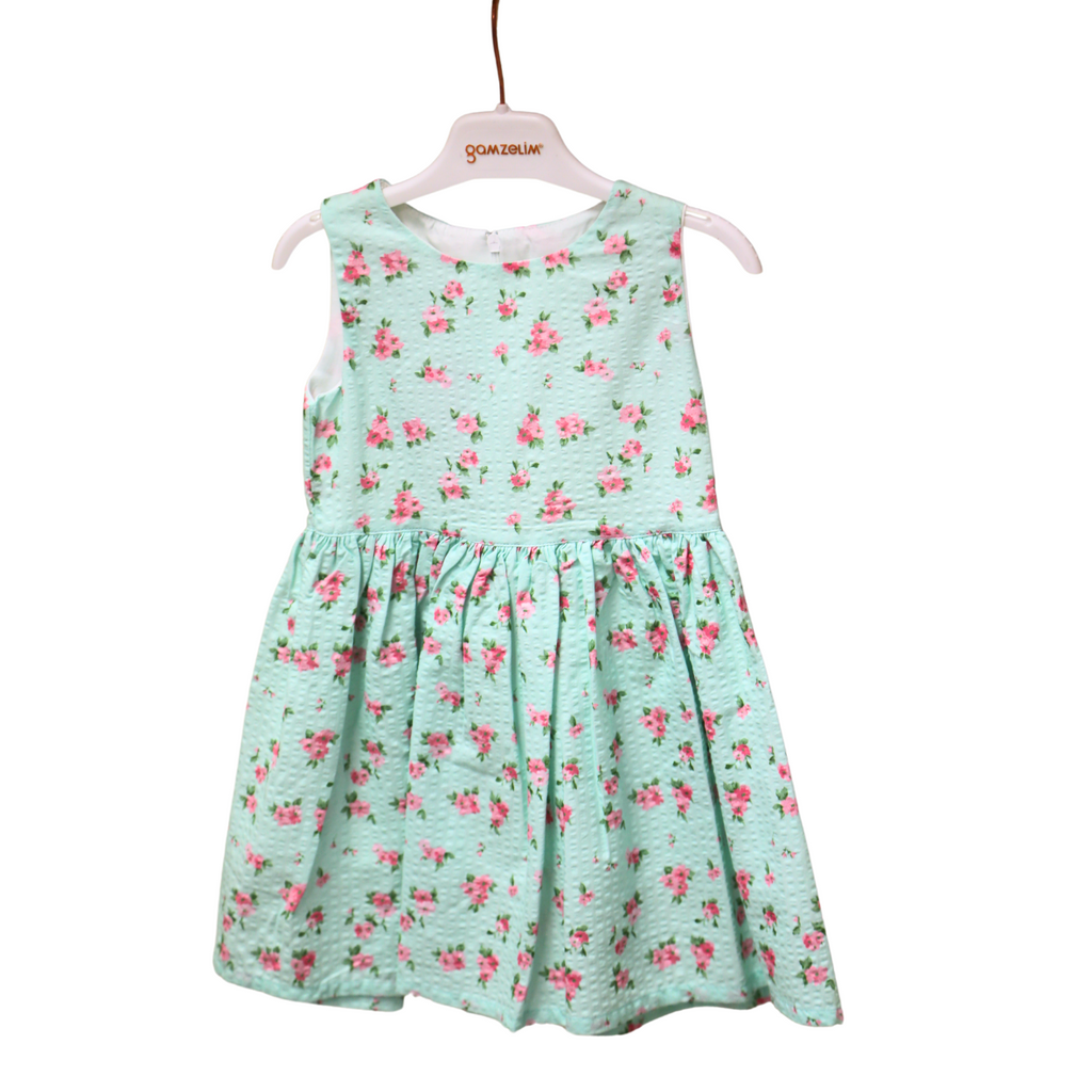 Gamzelim Girls Dress With Cardigan - Mint With Pink Flowers