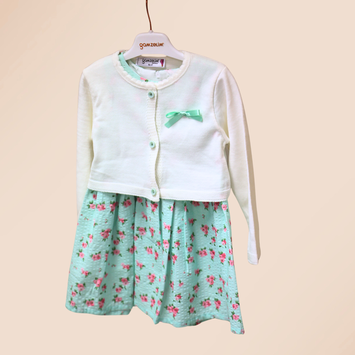 Gamzelim Girls Dress With Cardigan - Mint With Pink Flowers