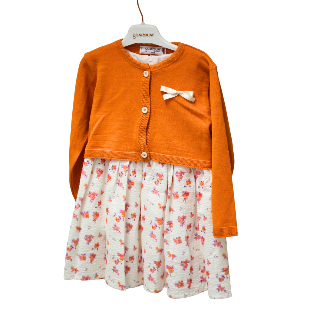 Gamzelim Girls Dress With Cardigan - Orange With Pink Flowers