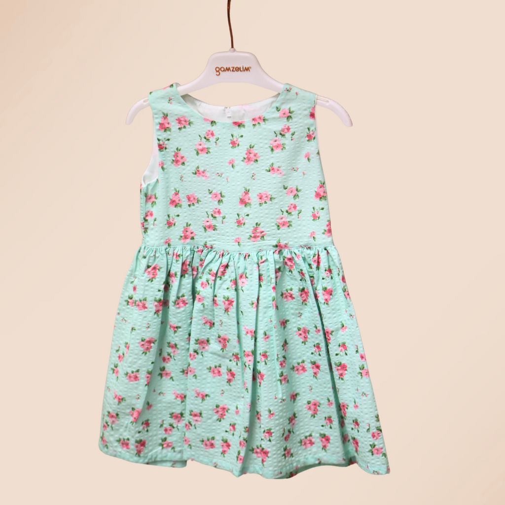 Gamzelim Girls Dress With Cardigan - Mint With Pink Flowers