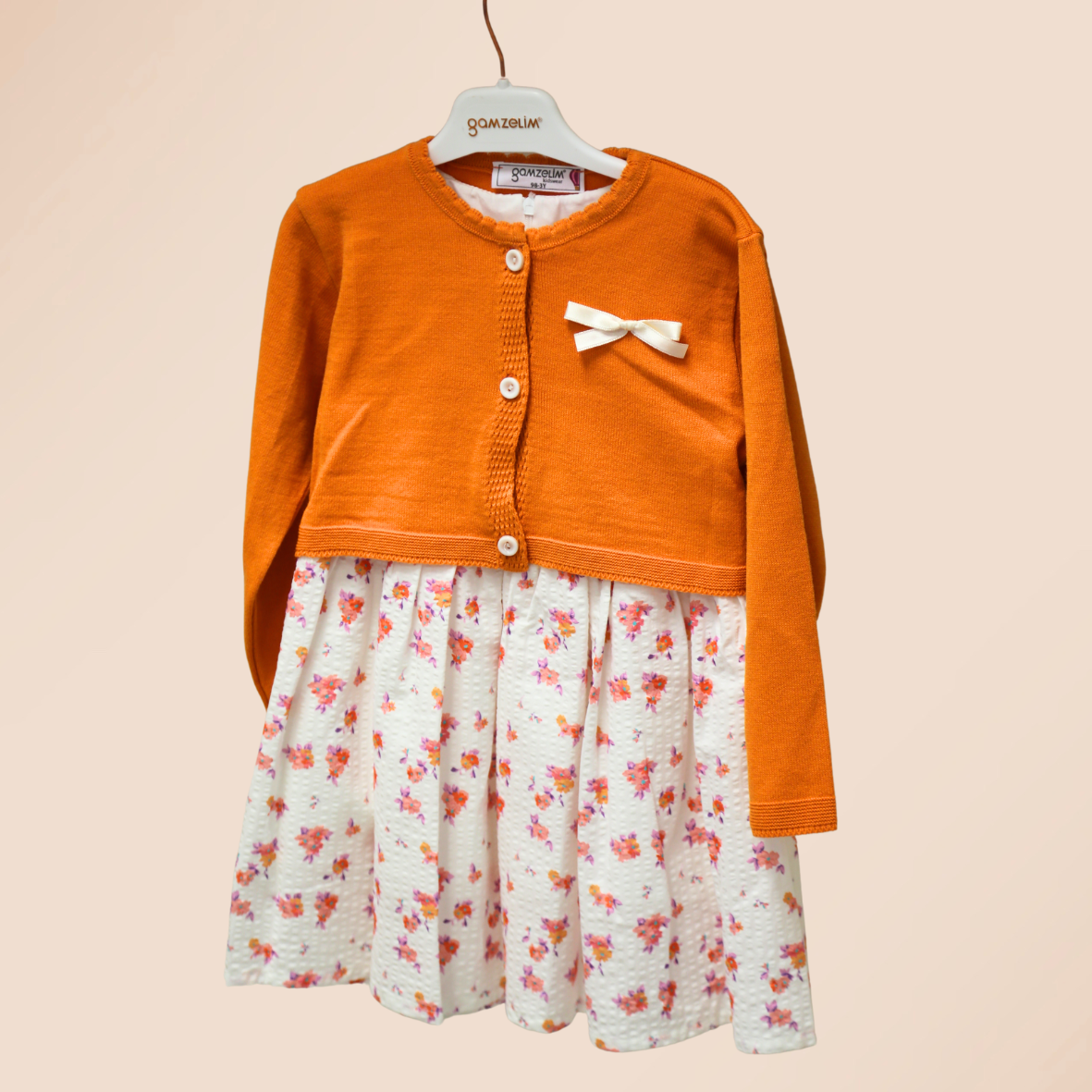 Gamzelim Girls Dress With Cardigan - Orange With Pink Flowers