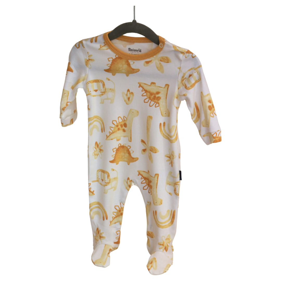 Miniworld - Yellow Dinosaurs Babygrow - White With Dinosaurs (1-6 MONTHS)