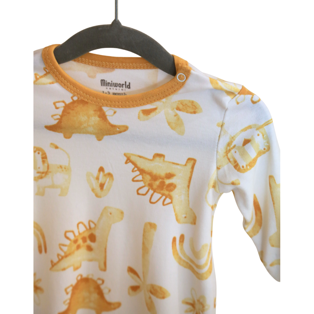 Miniworld - Yellow Dinosaurs Babygrow - White With Dinosaurs (1-6 MONTHS)