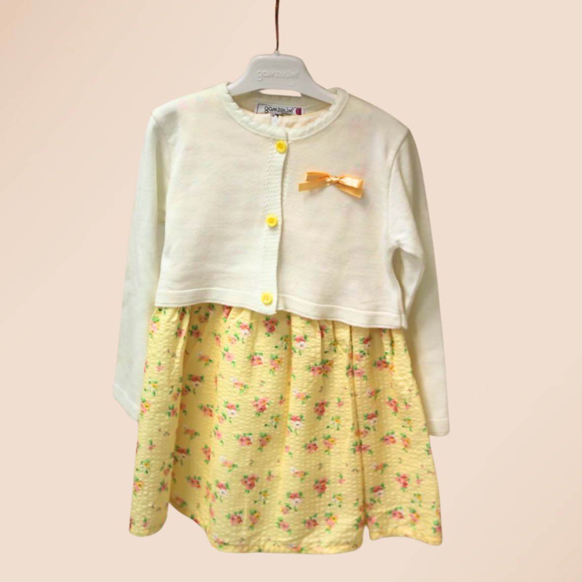 Gamzelim Girls Dress With Cardigan - White With Yellow Flowers