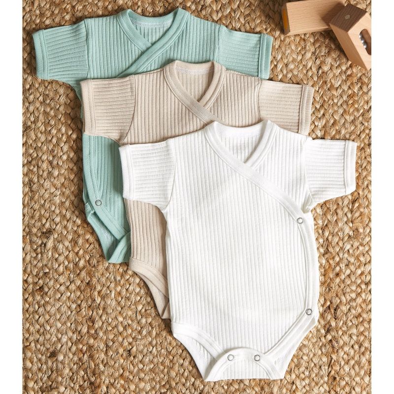 Lilly Bean Premature Side Snap Short Sleeve Ribbed Bodysuit - Neutral With Mint 3-pack