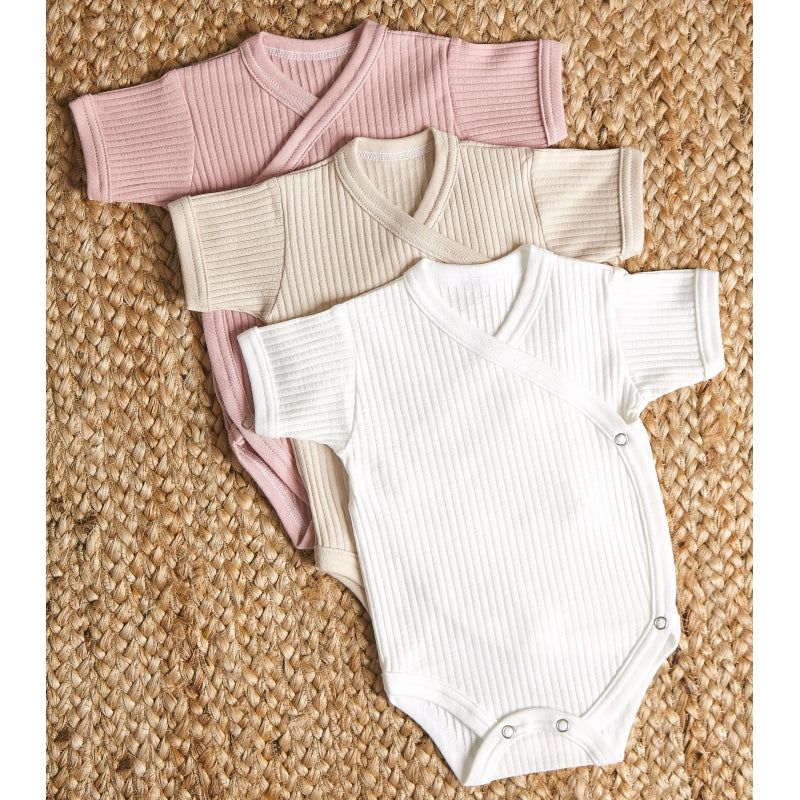 Lilly Bean Premature Side Snap Short Sleeve Ribbed Bodysuit - Neutral With Pink 3-pack