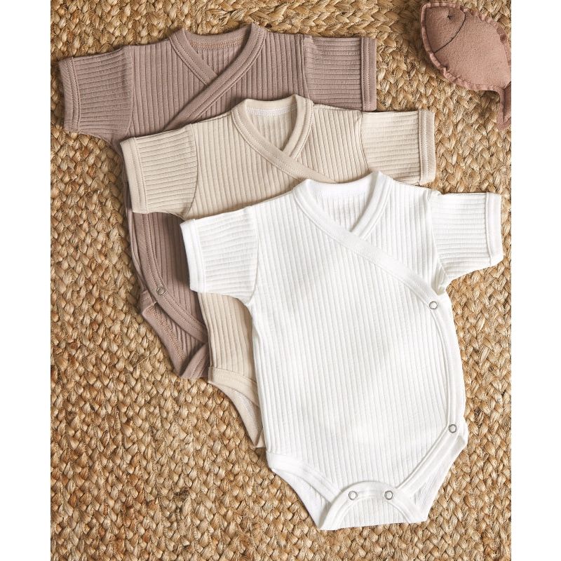 Lilly Bean Premature Side Snap Short Sleeve Ribbed Bodysuit - Neutral With Brown 3-pack