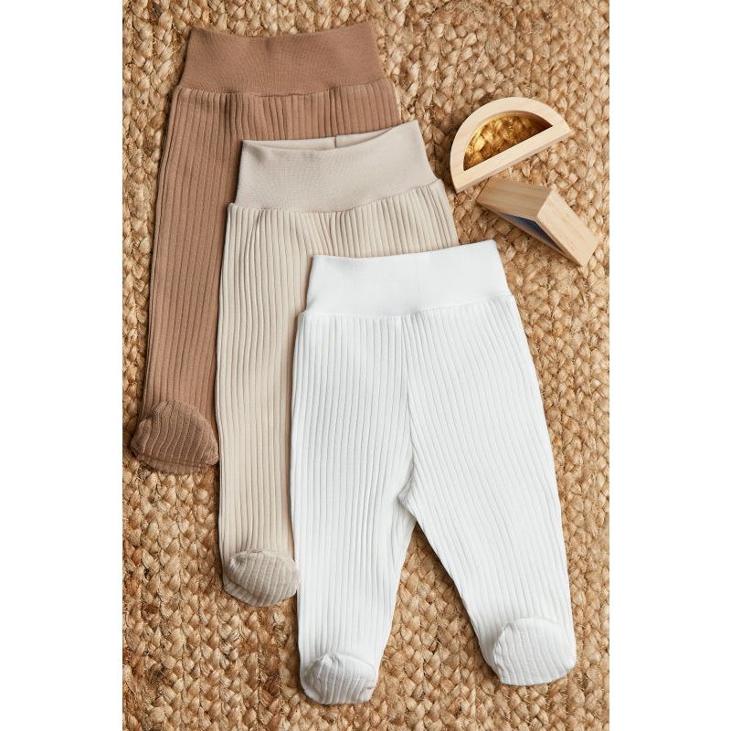 Lilly Bean Preemie Ribbed Trousers With Feet - Neutral With Brown 3-Pack