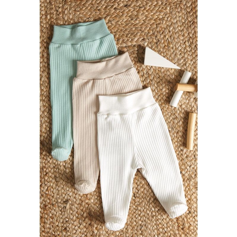 Lilly Bean Preemie Ribbed Broek Met Voeten - Neutraal Met Mint 3-Pack