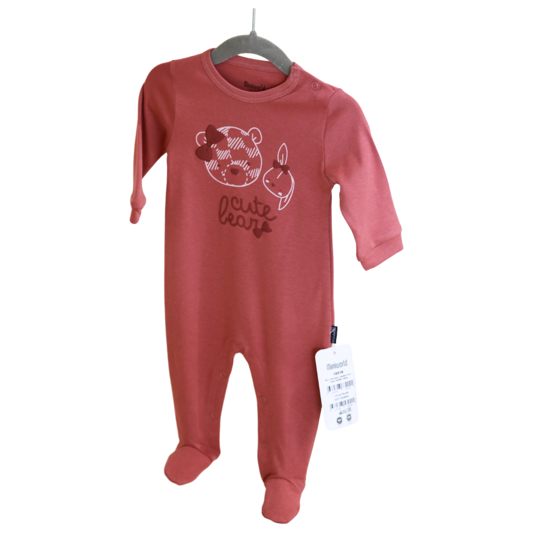 Miniworld - Pink Bears Babygrow - Dark Pink Bear (1-6 MONTHS)