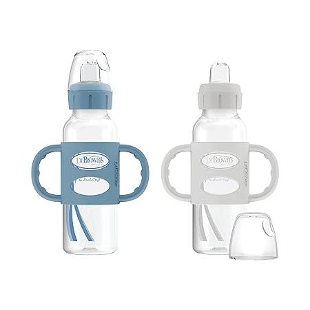 Dr. Brown's Narrow Sippy Bottle with 100% Silicone Handles, Easy-Grip Bottle with Soft Sippy Spout, 8oz/250mL 6m+ 2 Pack