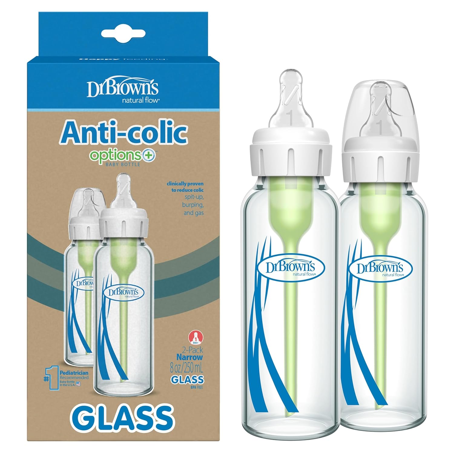 Dr. Brown's 250 ml Glass Narrow-Neck Anti-colic Options+ Bottle 0m+ 2-pack