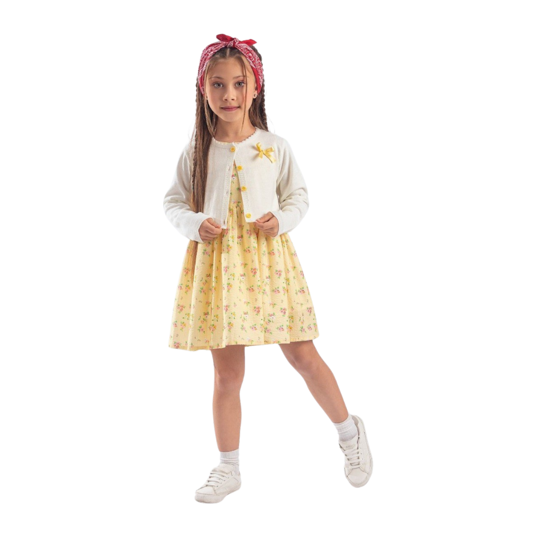 Gamzelim Girls Dress With Cardigan - White With Yellow Flowers