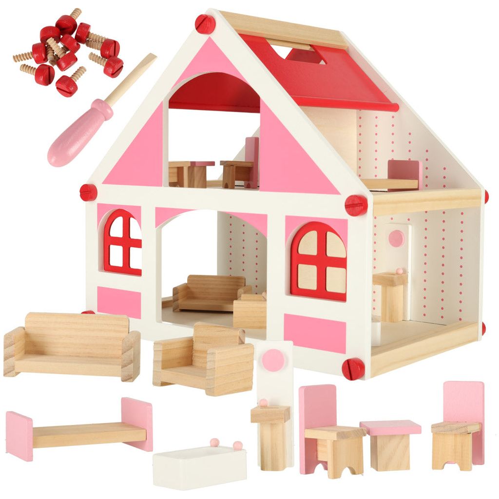 Montessori Stijl Roze Houten Poppenhuis 36 cm