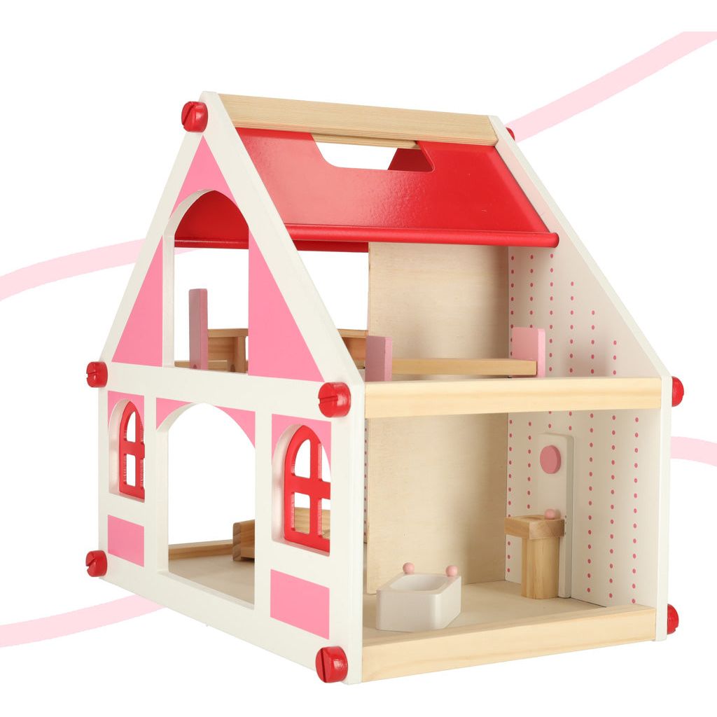 Maison de poupée en bois rose style Montessori 36 cm