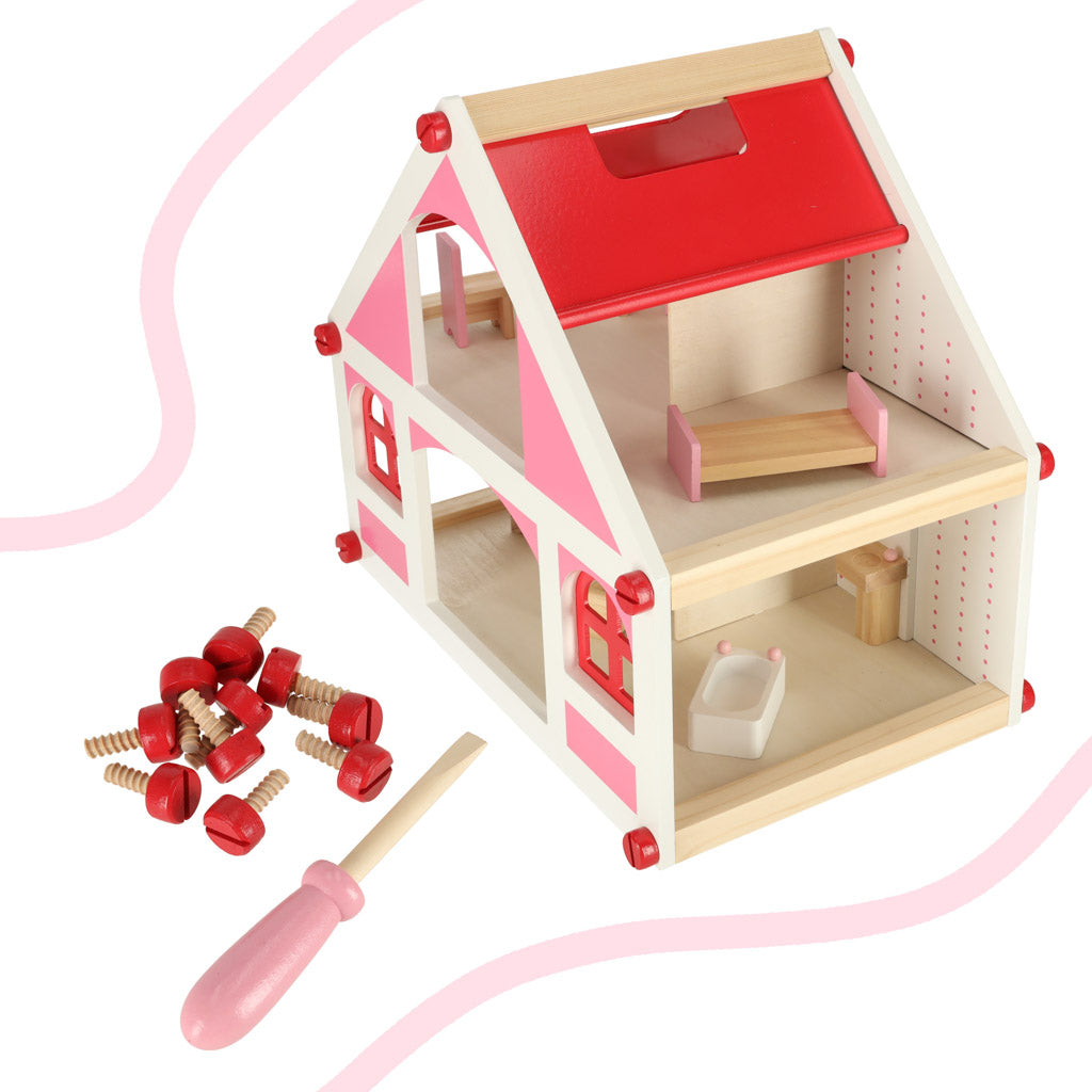 Maison de poupée en bois rose style Montessori 36 cm