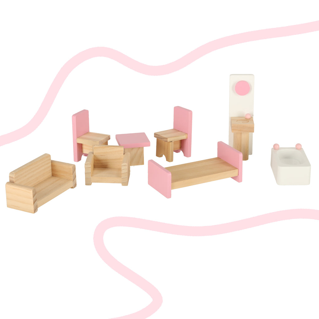 Maison de poupée en bois rose style Montessori 36 cm