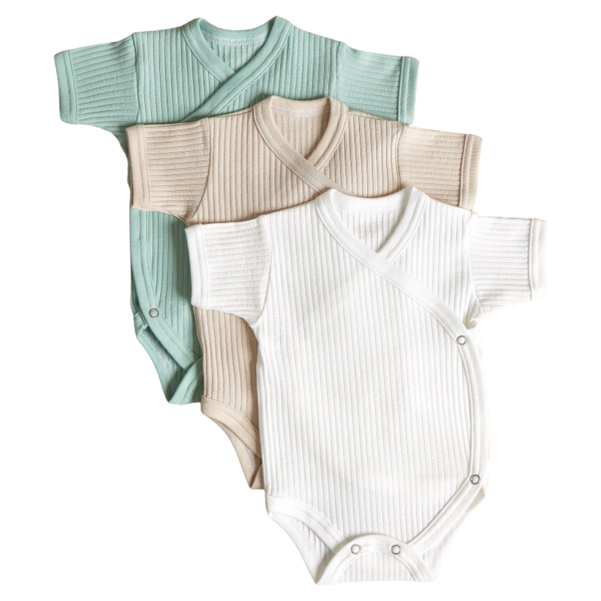 Lilly Bean Premature Side Snap Short Sleeve Ribbed Bodysuit - Neutral With Mint 3-pack