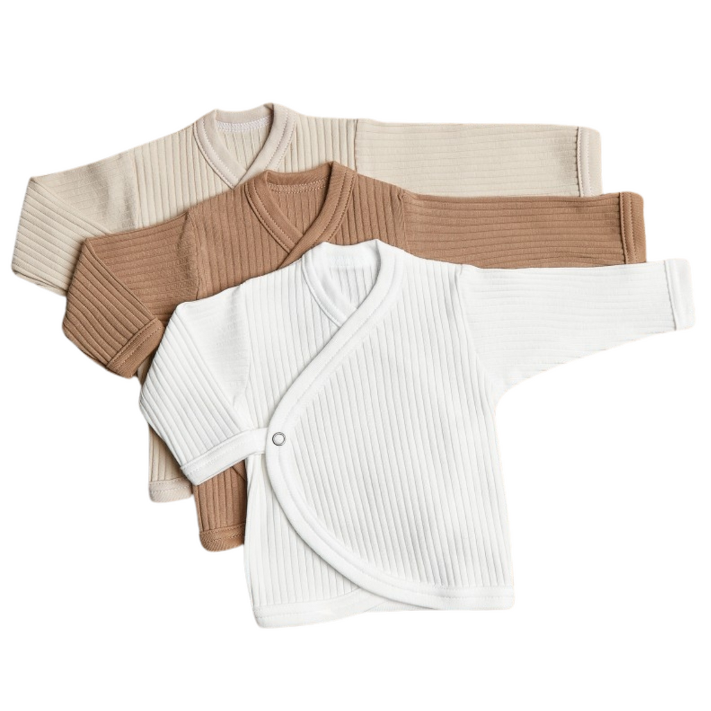 Lilly Bean Premature Ribbed Wrap-Over Top - Neutral With Brown 3-Pack