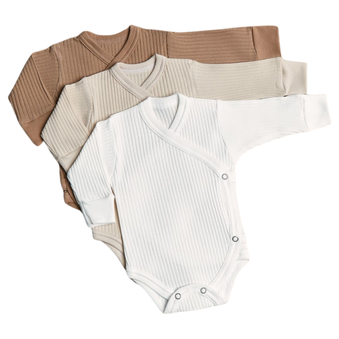 Lilly Bean Premature Side Snap Long Sleeve Ribbed Bodysuit - Neutral With Brown 3-pack