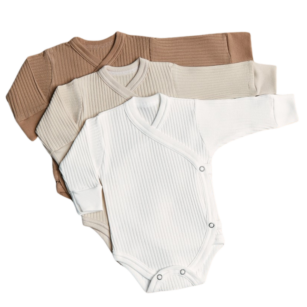 Lilly Bean Premature Side Snap Long Sleeve Ribbed Bodysuit - Neutral With Brown 3-pack