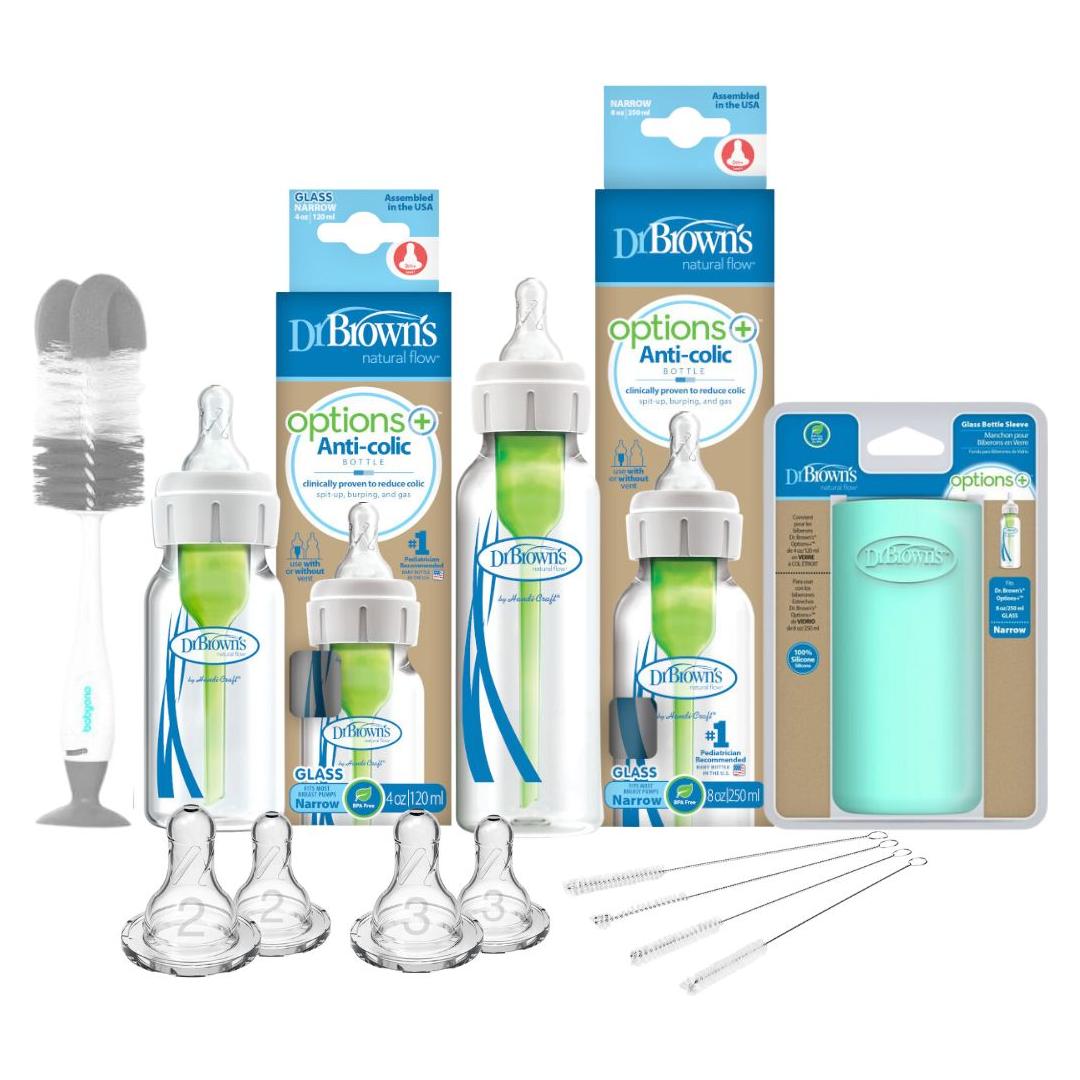 Narrow-Neck Glass Bottle Easy Start Bundle with Dr Brown's products, 7 pcs