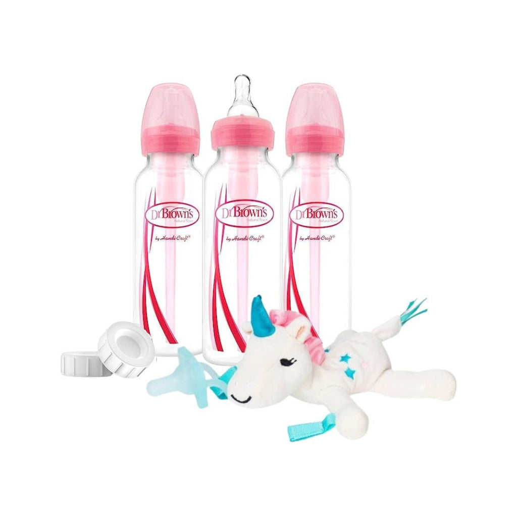 Dr. Brown's Anti-colic Options+ Narrow-Neck 250 ml 3 Pack Pink Bottle + Lovey Happy Paci Soother With Unicorn Toy