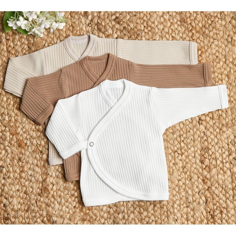 Lilly Bean Premature Ribbed Wrap-Over Top - Neutral With Brown 3-Pack