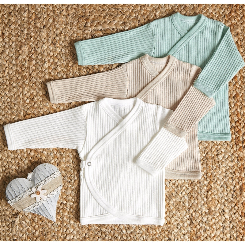 Lilly Bean Premature Ribbed Wrap-Over Top - Neutral With Mint 3-Pack