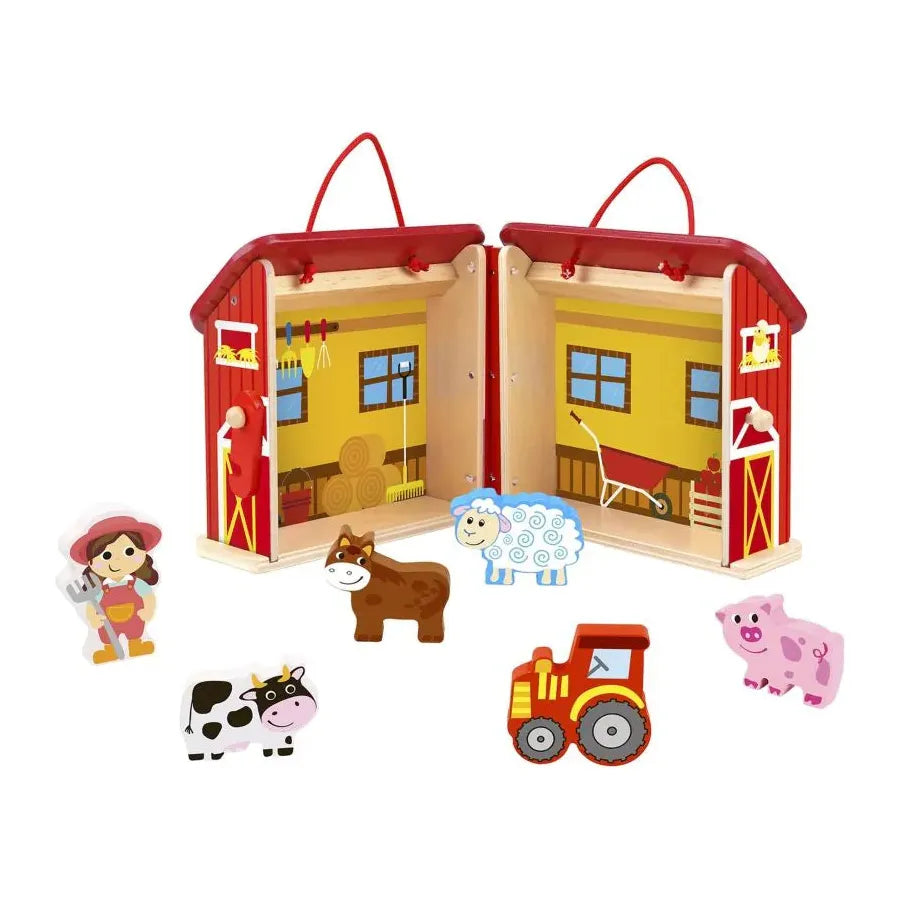 Tooky Toy houten draagbare schuur met boerderijdieren