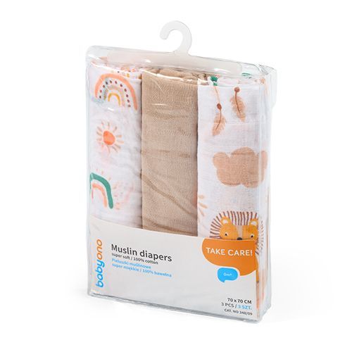 Babyono 100% Cotton Muslin Squares 3-Pack - 2 Colours