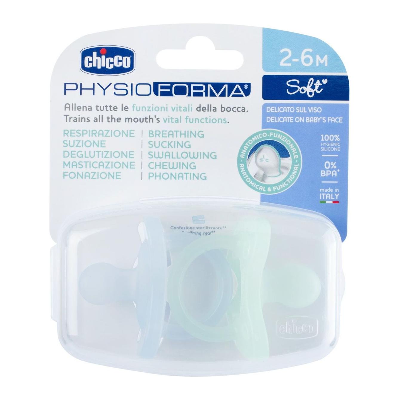 Chicco Physioforma Soft Soother 2-6m - 2 pcs - Mint & Blue
