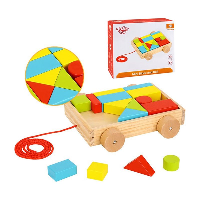 Tooky Toy Mini Wooden Pull Cart With Blocks 16 pcs