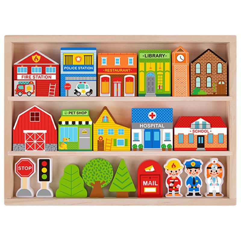 Tooky Toy Ensemble de construction et figurines en bois pour ville