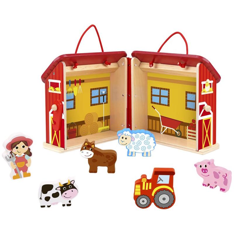 Tooky Toy houten draagbare schuur met boerderijdieren