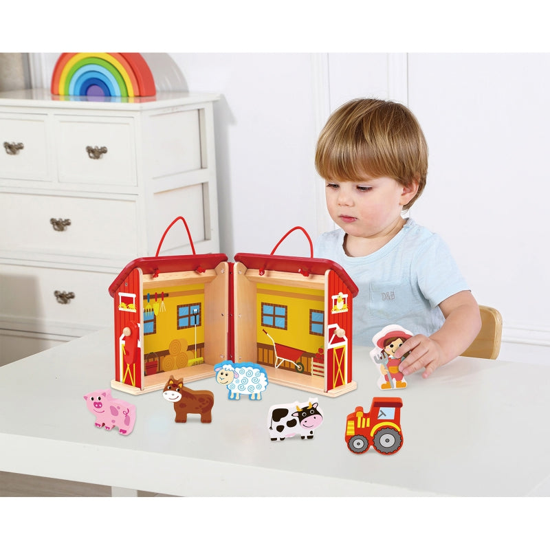 Tooky Toy Wooden Portable Barn with Farm Animals
