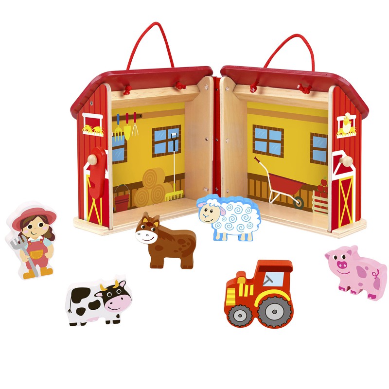 Tooky Toy Grange portative en bois avec animaux de la ferme