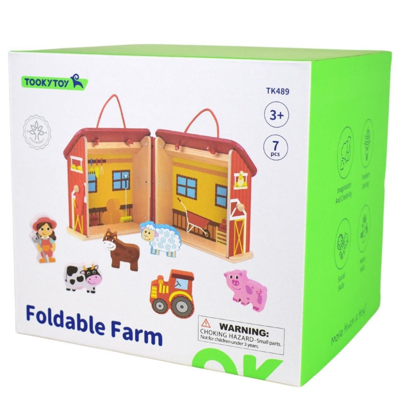 Tooky Toy houten draagbare schuur met boerderijdieren