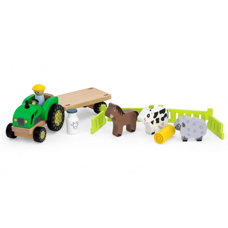 Tracteur en bois Viga avec un fermier et des animaux