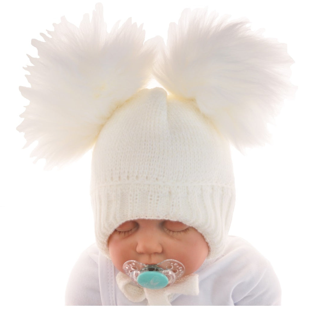 Light Gray Baby Ecru hat With Large Pompoms