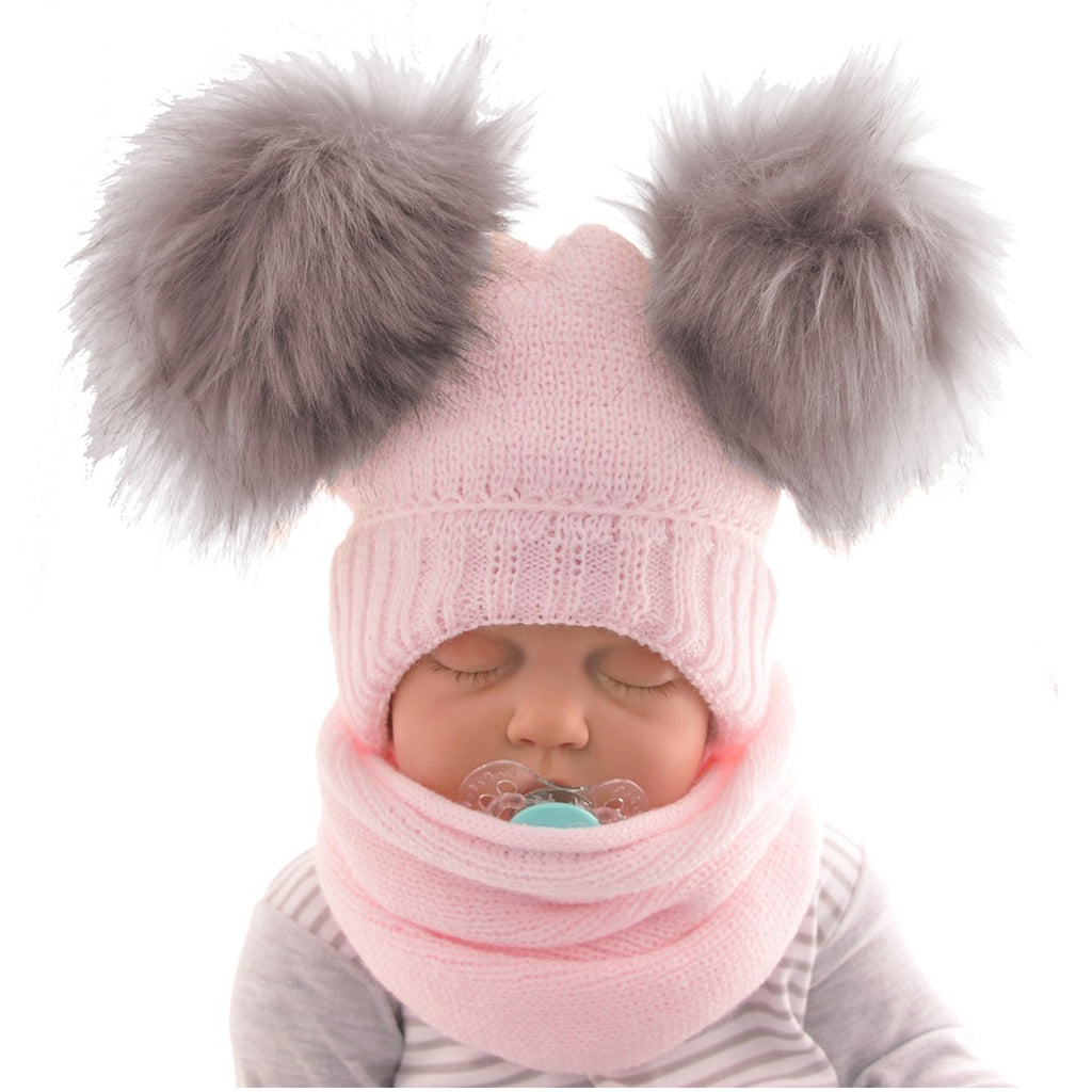 Gray Baby Pink Scarf And A hat With 2 Pompoms