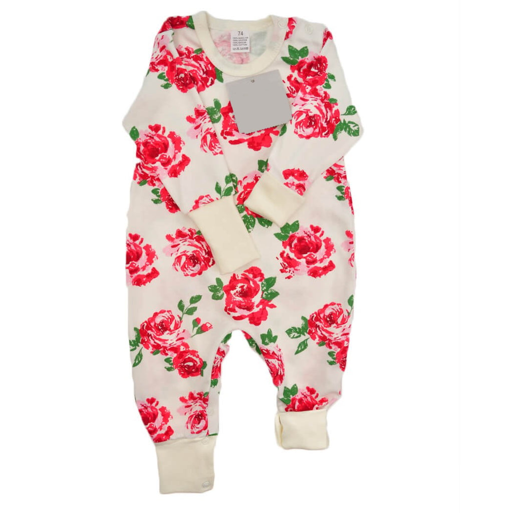 Light Gray Baby Romper Suit  | Red Flowers With White Sleeves
