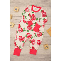Gray Baby Romper Suit  | Red Flowers With Red Sleeves