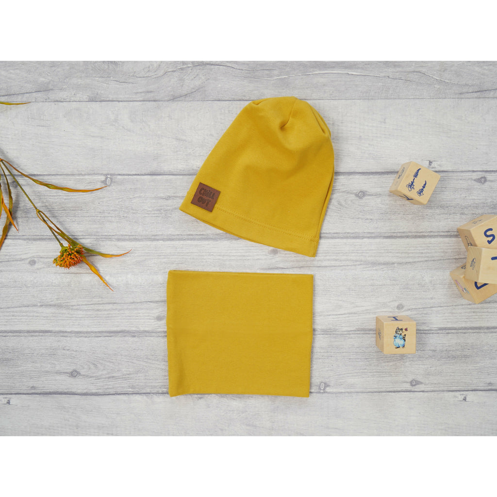 Gray Kids Beanie Hat With Scarf | Yellow